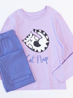 Комплект хлопковый для девочки лонгслив + брюки цвет сиреневый/фиолетовый с прорезиненным принтом рост 116 см Primark
