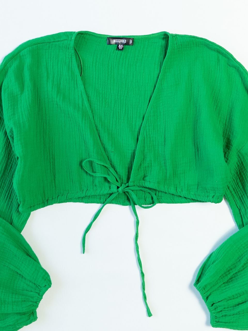 Блуза укороченная на завязках из муслиновой ткани с широкими рукавами цвет зеленый размер EUR 38 (rus 44) MISSGUIDED