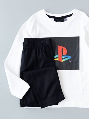 Комплект хлопковый для мальчика лонгслив + брюки цвет черный/белый принт PlayStation рост 122 см Primark