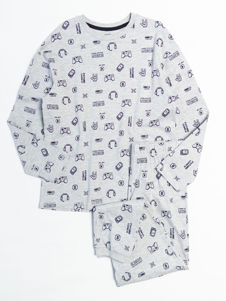 Пижама хлопковая для мальчика лонгслив + брюки цвет серый принт FUTURE GAMER рост 135-140 см George