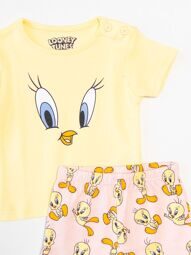 Комплект из плотного хлопка для девочки футболка+шорты цвет желтый/розовый принт Looney Tunes на рост 68 см 3-6 мес Primark