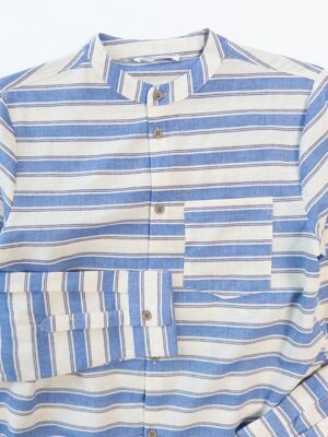 Рубашка хлопок 80% лён 9% на пуговицах с карманом/регулировкой длины рукава цвет молочный/голубой/полоска рост 164 см (rus XS) RESERVED
