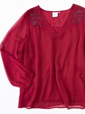 Блуза женская на подкладке с V-образным вырезом цвет бордовый вышитый принт из бисера размер EUR 50 (rus 56-58) Junarose