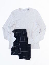 Комплект мужской лонгслив хлопок 76% + брюки фланелевые с утягивающим шнурком в поясе/карманами цвет черный/серый/клетка размер XL Primark
