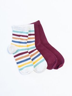 Носки хлопковые комплект из 2 пар цвет бордовый/серый/цветная полоска длина стопы 18-20 см размер обуви 29-31 H&M