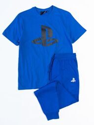 Комплект хлопковый мужской футболка + брюки с утягивающим шнурком в поясе цвет синий принт PlayStation размер XS  Primark