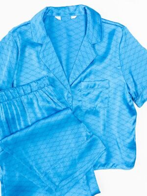 Комплект атласный женский рубашка с коротким рукавом + брюки атласные женские с карманами цвет синий с узором размер EUR 42/44 (rus 52-54) Primark