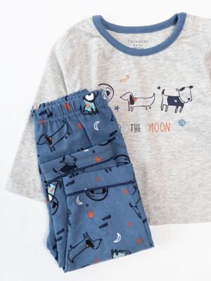 Комплект для мальчика лонгслив хлопковый + брюки фланелевые для малышей цвет сизый/серый принт собачки рост 74 см Primark