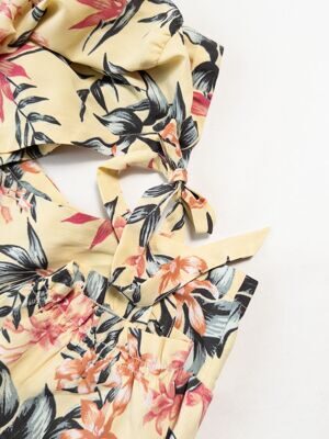 Блузка из креповой ткани женская с запахом и завязками рукава фонарики цвет светло-желтый принт цветы размер EUR 38 ( rus 46) H&M
