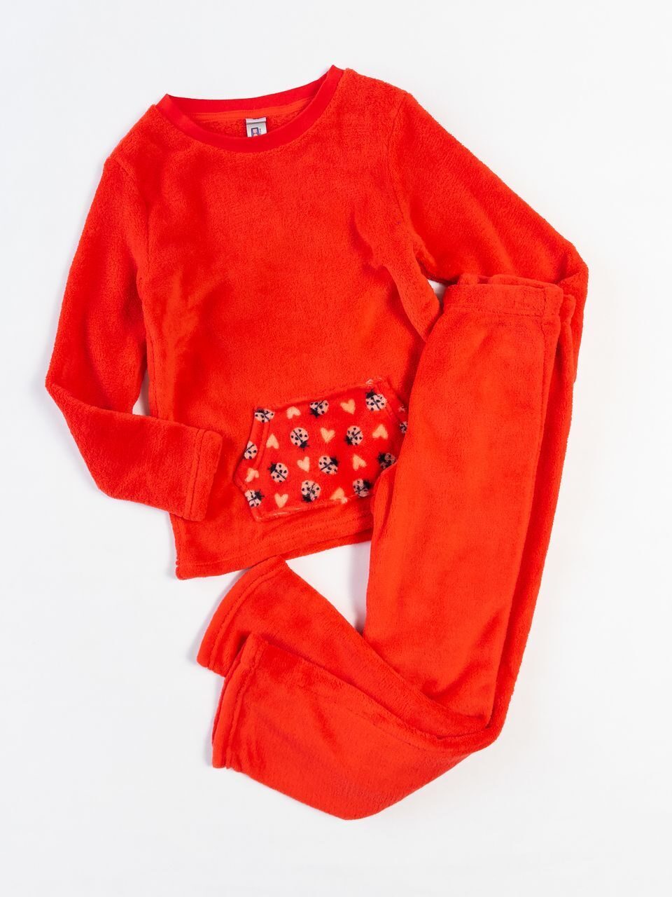 Комплект для девочки плюшевый джемпер + брюки цвет красный/божья коровка на 8 лет KIABI
