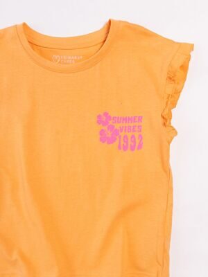 Футболка хлопковая для девочки со сборками на плечах цвет розовый/оранжевый с текстовым принтом  рост 128 см  Primark