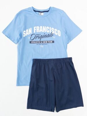 Комплект хлопковый  для мальчика футболка + шорты  цвет голубой/темно-синий  с текстовым принтом рост 158/164 см H&M