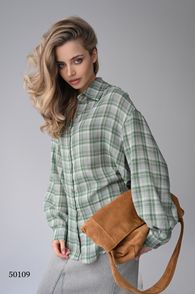 Рубашка в клетку из тонкого хлопка и льна цвет зеленый размер onesize (подходит на rus 42-46) (50109)