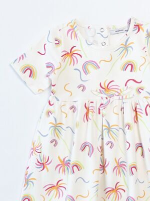 Платье хлопковое для девочки на кнопках сзади цвет молочный принт пальмы/радуга рост 92 см RESERVED