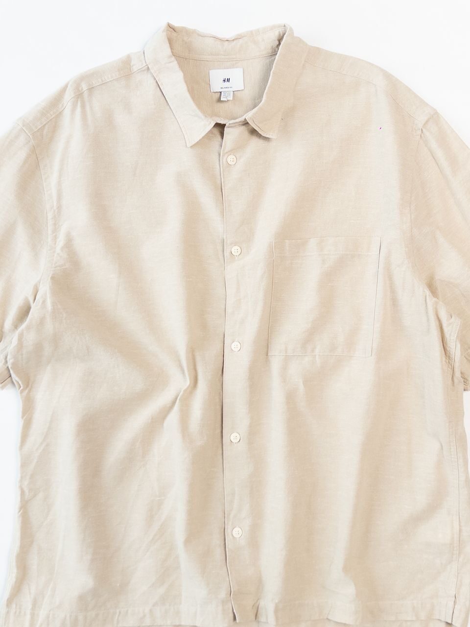 Рубашка хлопок 70% лен 30% мужская с коротким рукавом/карманом цвет бежевый размер XXL (ПОГ 69 см)  H&M