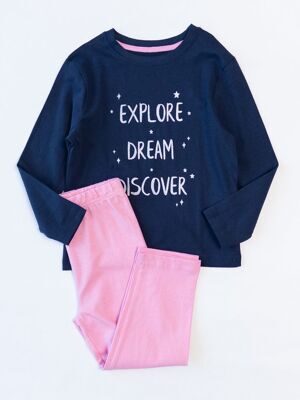 Комплект хлопковый для девочки лонгслив + брюки цвет темно-синий/розовый с блестящим текстовым принтом рост 104 см Primark
