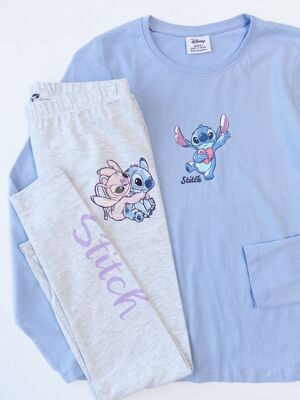 Пижама хлопковая для девочки лонгслив + брюки цвет голубой/серый прорезиненный принт Стич рост 158 см Primark *трещины на надписи на леггинсах