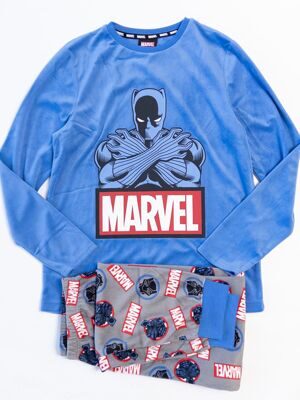 Пижама велюровая для мальчика лонгслив + брюки на манжетах цвет синий/серый принт прорезиненный MARVEL рост 152 см Primark
