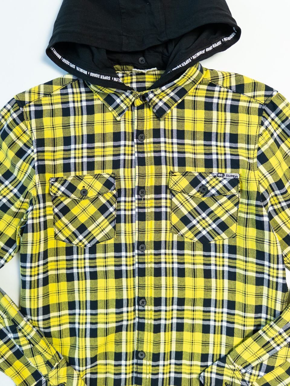Рубашка на пуговицах для мальчика с хлопковым отстегивающимся капюшоном цвет желтый/клетка принт Тигр на рост 170 см 14+ лет OVS