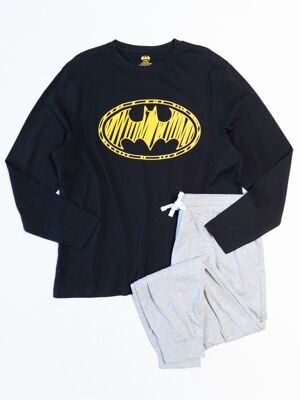 Комплект хлопковый мужской лонгслив + брюки с утягивающим шнурком в поясе цвет серый/черный принт Batman размер 2XL Primark