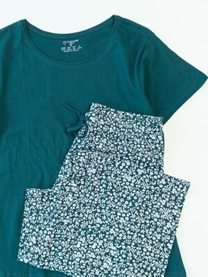 Пижама хлопковая футболка и брюки женские цвет зеленый/белый цветы размер EUR 38/40 (rus 44-46) Primark