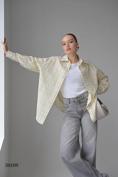 Рубашка в клетку из тонкого хлопка и льна цвет светло-бежевый размер onesize (подходит на rus 42-46) (50109)