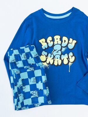 Комплект хлопковый для мальчика лонгслив + брюки цвет синий/голубой с прорезиненным принтом рост 110 см Primark