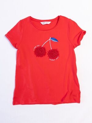 Футболка из мягкого хлопкового трикотажа цвет красный аппликация Вишенки для девочки на рост  140 см H&M