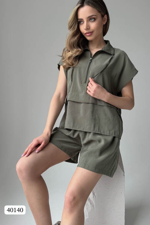 Костюм из рубашки без рукава и шорт в стиле casual цвет зеленый (40140)