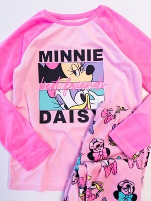 Пижама велюровая для девочки лонгслив рукава реглан + брюки с манжетами цвет розовый прорезиненный принт Minnie Mouse рост 134 см Primark