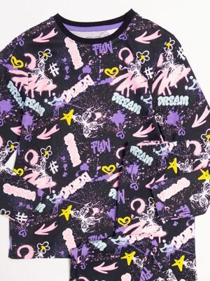 Комплект пижама хлопковая для девочки лонгслив + брюки цвет черный/ принт Dream на рост 134 см 8-9 лет Primark