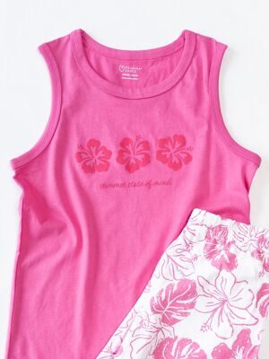 Комплект хлопковый для девочки майка + шорты цвет розовый/белый принт цветы рост 134 см Primark