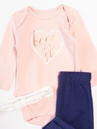 Комплект для девочки боди с длинным рукавом + брюки+ повязка на голову цвет розовой/синий принт сердце рост 68 см George