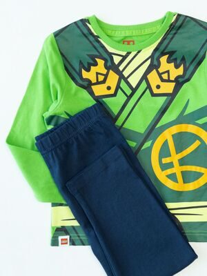 Комплект хлопковый для мальчика лонгслив + брюки цвет зеленый/темно-синий с прорезиненным принтом спереди и сзади рост 104 см Primark