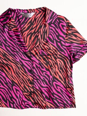 Рубашка атласная домашняя женская на пуговицах цвет розовый/черный/узор размер EUR 34/36 (rus 40-42) Primark