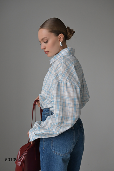 Рубашка в клетку из тонкого хлопка и льна цвет голубой размер onesize (подходит на rus 42-46) (50109)