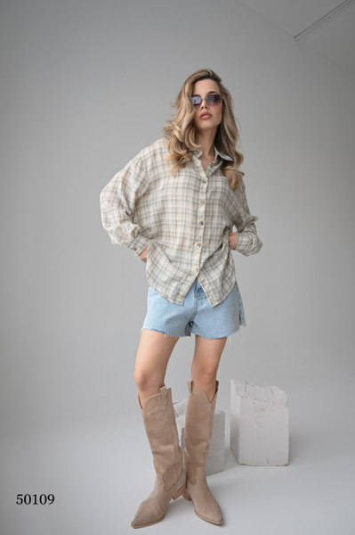Рубашка в клетку из тонкого хлопка и льна цвет бежевый размер onesize (подходит на rus 42-46) (50109)