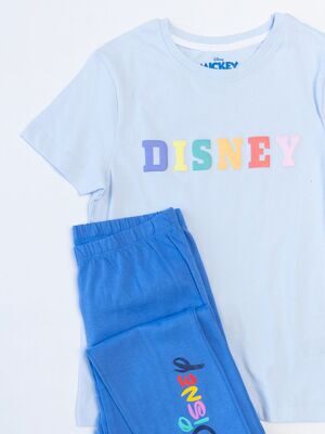 Комплект хлопковый футболка + брюки цвет голубой/синий с прорезиненным текстовым принтом рост 128 см Primark