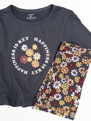 Комплект женский домашний футболка + брюки  женские зауженные к низу цвет темно-серый принт цветы размер EUR 34/36 (rus 40-42) Primark
