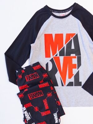 Комплект хлопковый для мальчика лонгслив рукава реглан + брюки с манжетами цвет черный/серый/красный с прорезиненными элементами MARVEL рост 152 см Primark