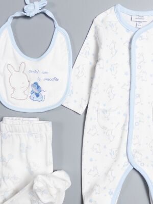 Комплект хлопковый для малышей слип на кнопах + ползунки + нагрудник на махровой подкладке цвет белый/голубой принт зайки рост 50 см OVS