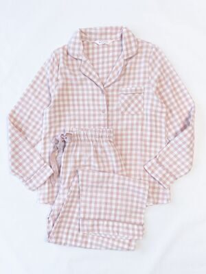 Комплект фланелевый женский рубашка с длинным рукавом на пуговицах + брюки с утягивающим шнурком в поясе цвет пудровый/белый/клетка размер EUR 40/42 (rus 46-48) Primark