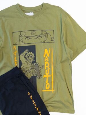 Комплект хлопковый мужской футболка + шорты с утягивающим шнурком/карманами цвет черный/зеленый принт NARUTO размер L Primark