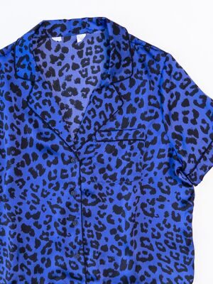 Рубашка атласная женская с коротким рукавом на пуговицах цвет синий принт леопард размер EUR 40/42 (rus 46-48) Primark