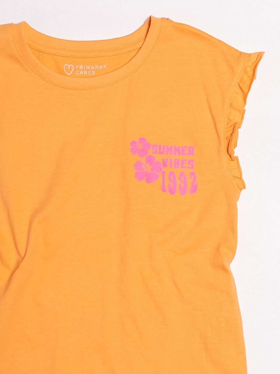 Футболка хлопковая для девочки без рукавов с оборками на плечах цвет оранжевый прорезиненный принт на рост 128 см 7-8 лет Primark