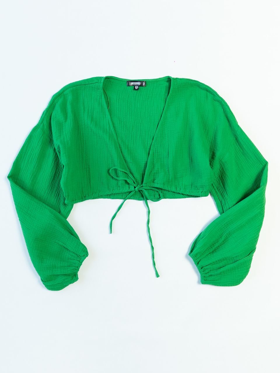 Блуза укороченная на завязках из муслиновой ткани с широкими рукавами цвет зеленый размер EUR 38 (rus 44) MISSGUIDED