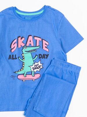 Комплект хлопковый для мальчика футболка + брюки цвет синий с прорезиненным принтом рост 128 см Primark