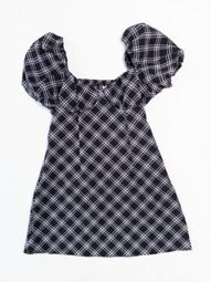 Платье из креповой ткани женское вырез в форме сердца, потайная молния сбоку, фигурные чашки короткие рукава-фонарики цвет черный/белый принт клетка размер EUR 38 ( rus 42-44) H&M