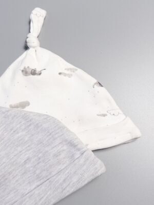 Шапка хлопковая для малышей комплект из 2 шт цвет светло-серый/молочный принт слоники (на окружность головы 40-44 см) Primark