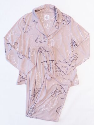 Пижама женская рубашка с длинным рукавом на пуговицах + брюки цвет бежевый с принтом размер EUR 40/42 (rus 46-48) Primark